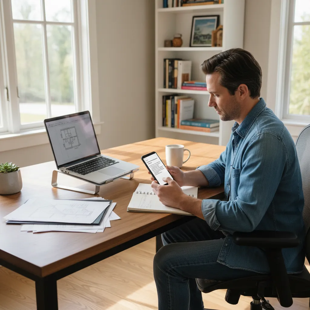 homeowner documenting contractor communication with notebook and phone