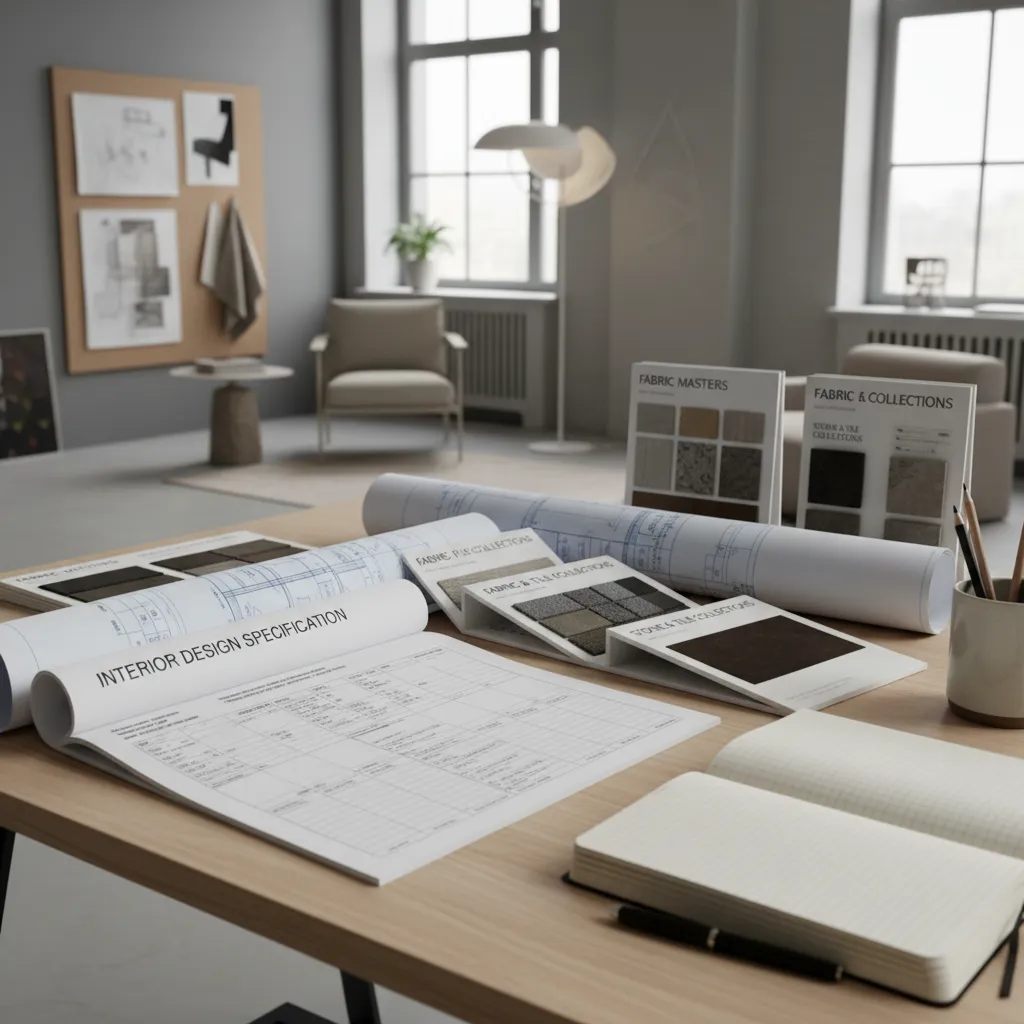 Documento técnico de interiorismo con especificaciones de materiales