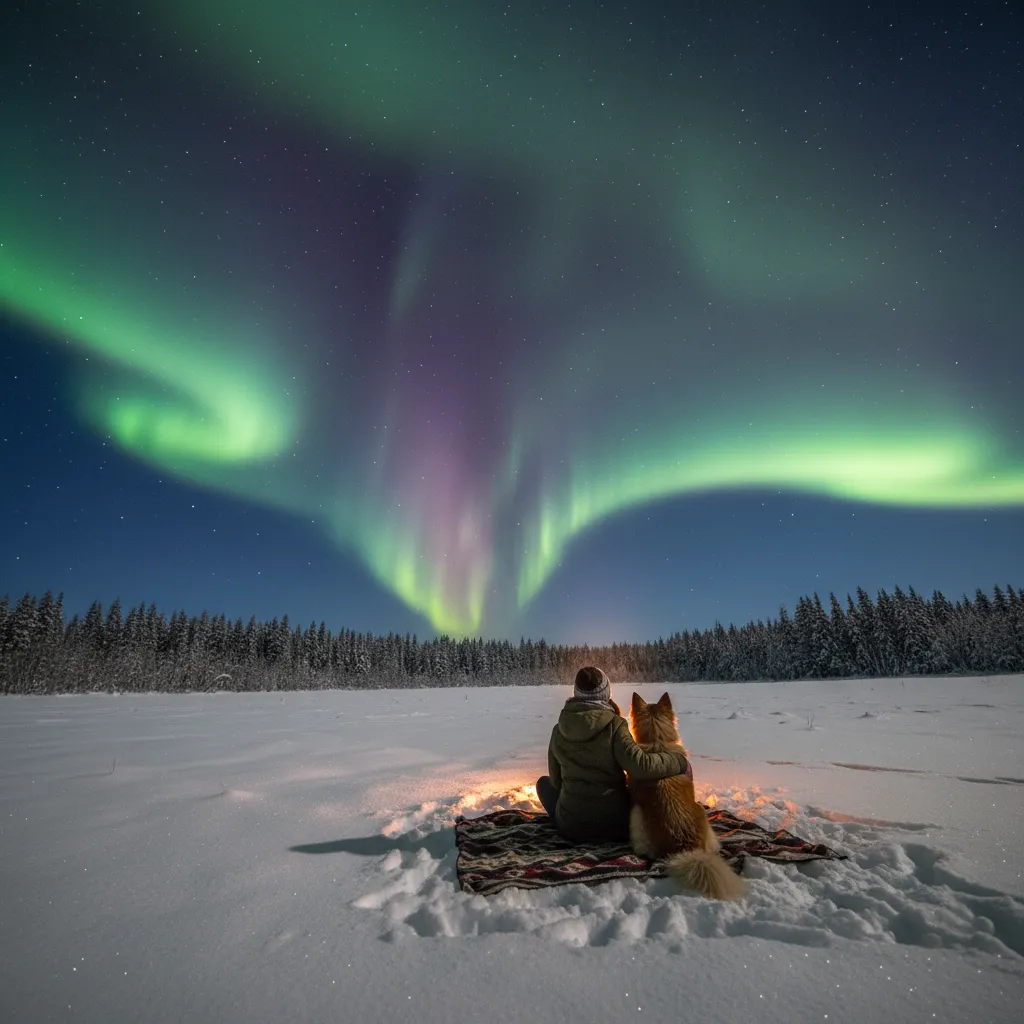 Dog sitting beside owner watching northern lights in open snowy field
