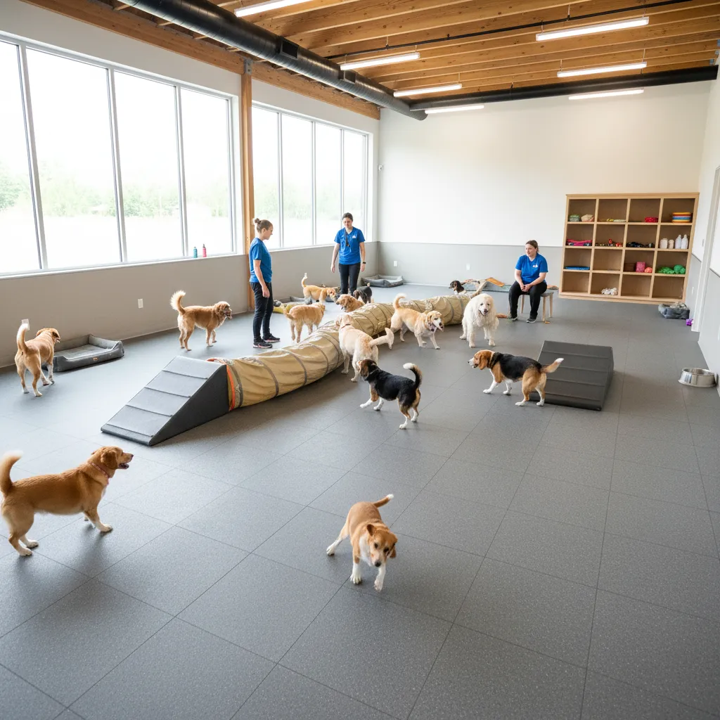 Zona interior de juego para perros en una guardería canina