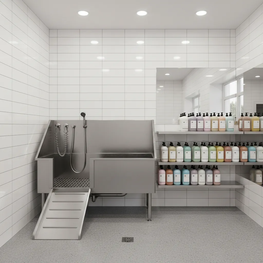 Professional grooming salon dog bathing station with stainless steel tub