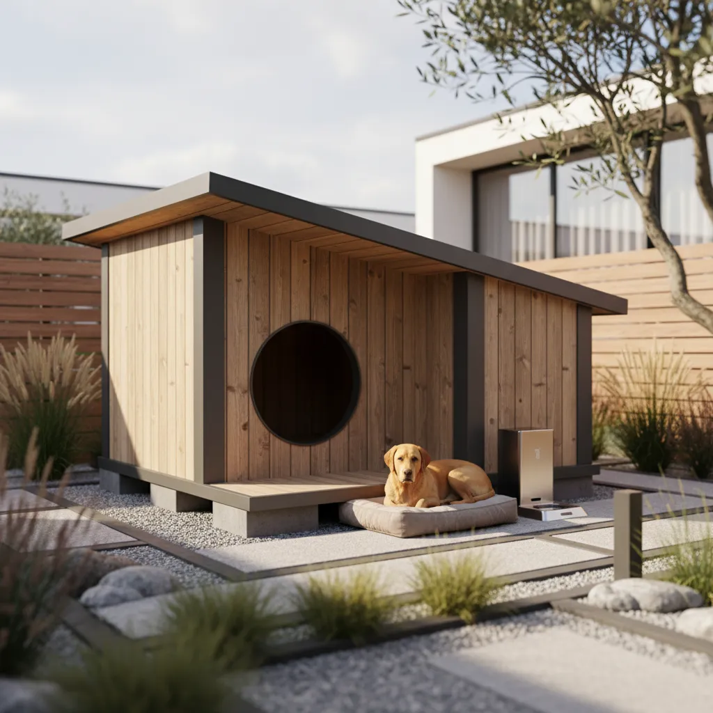 Modern wooden dog house with slanted roof circular entrance and golden retriever lying on bed