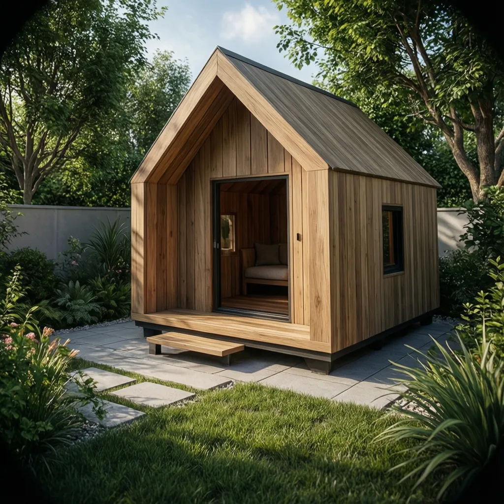 Modern tall wooden dog house with small porch and sofa inside located in green garden