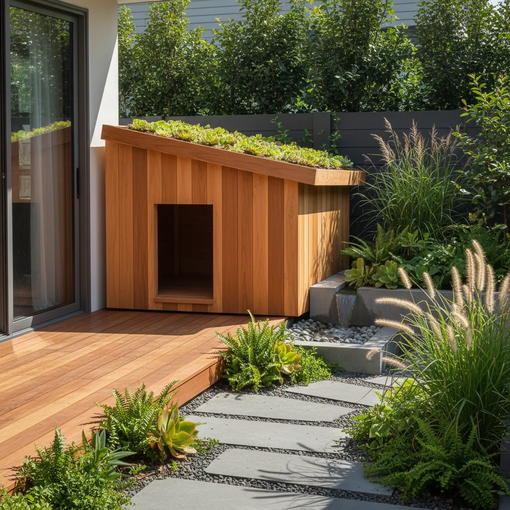 Modern wooden dog house with green plant roof sitting on deck near a stone garden