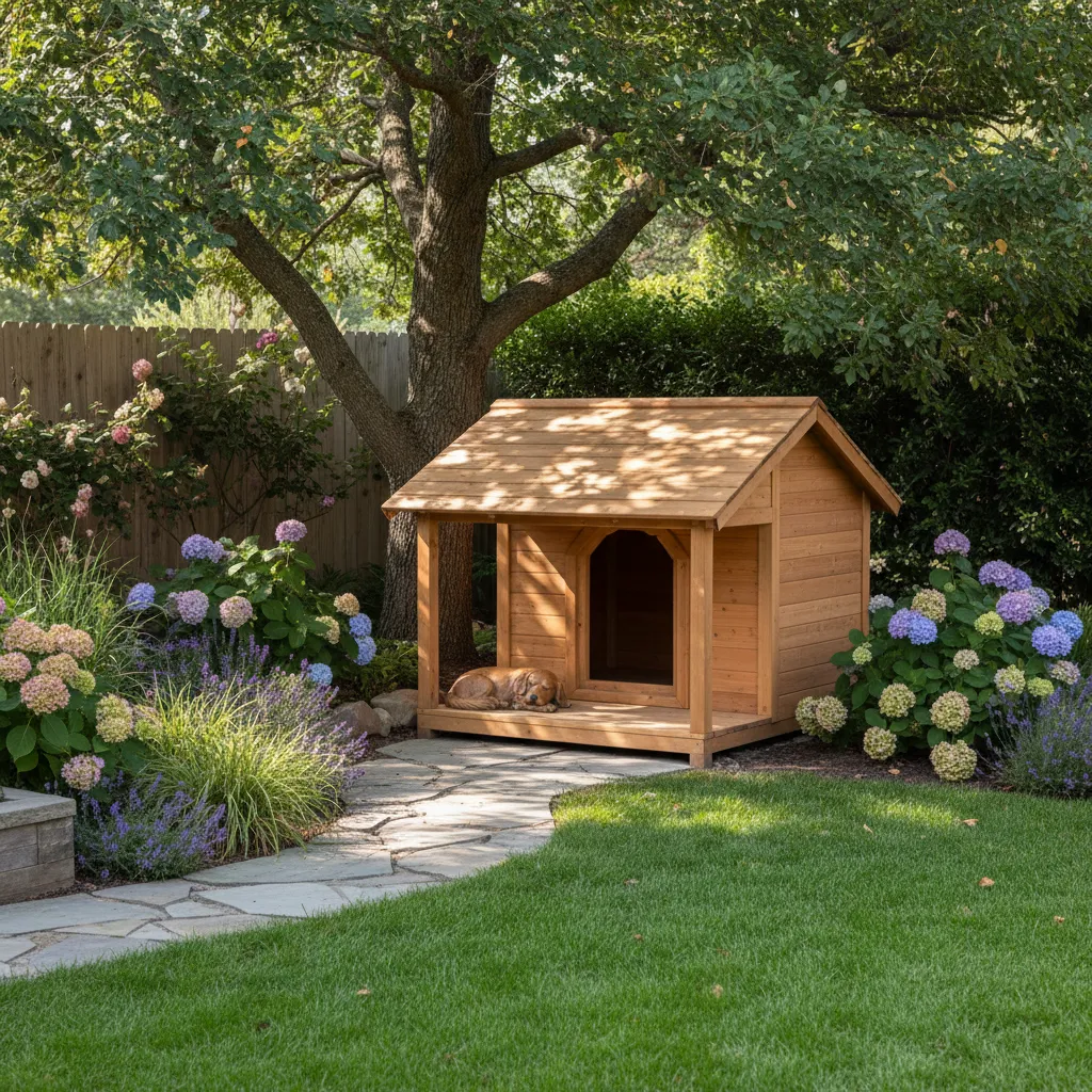 Casa de perro ubicada correctamente en un jardín con sombra parcial