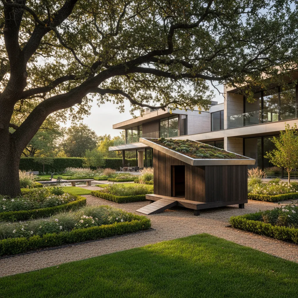 Modern wooden dog house with green roof in garden with gravel path and big tree