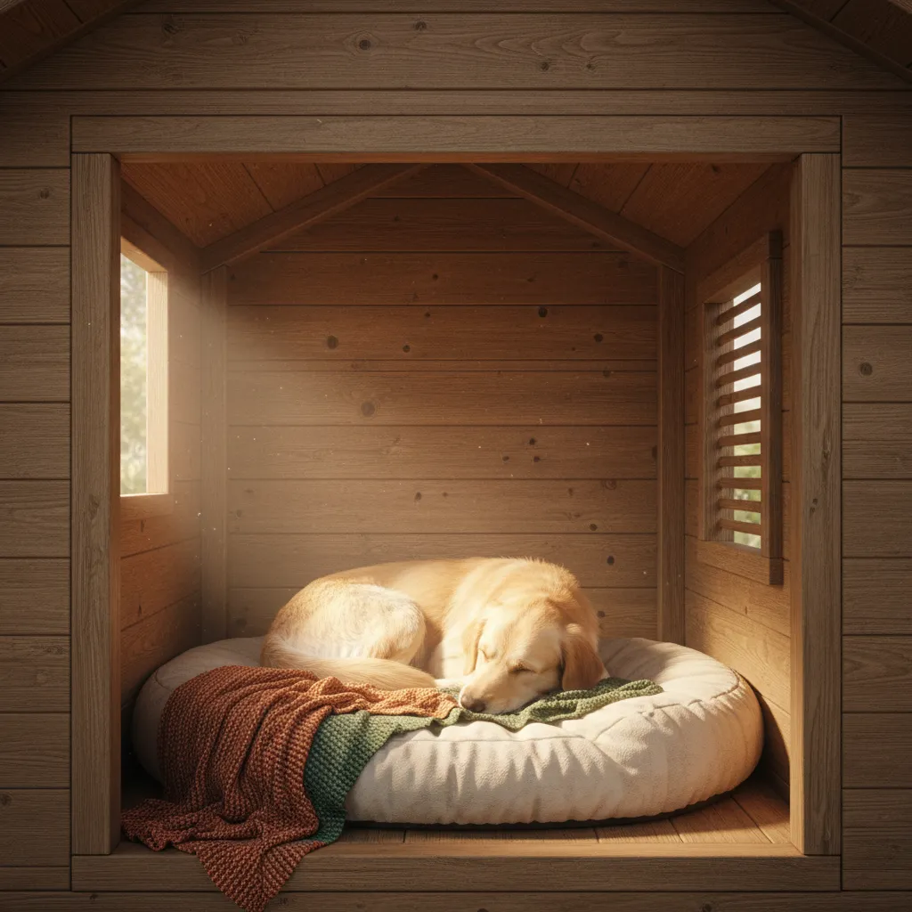 Golden dog sleeping on a soft round bed inside a cozy wooden house with sunlight
