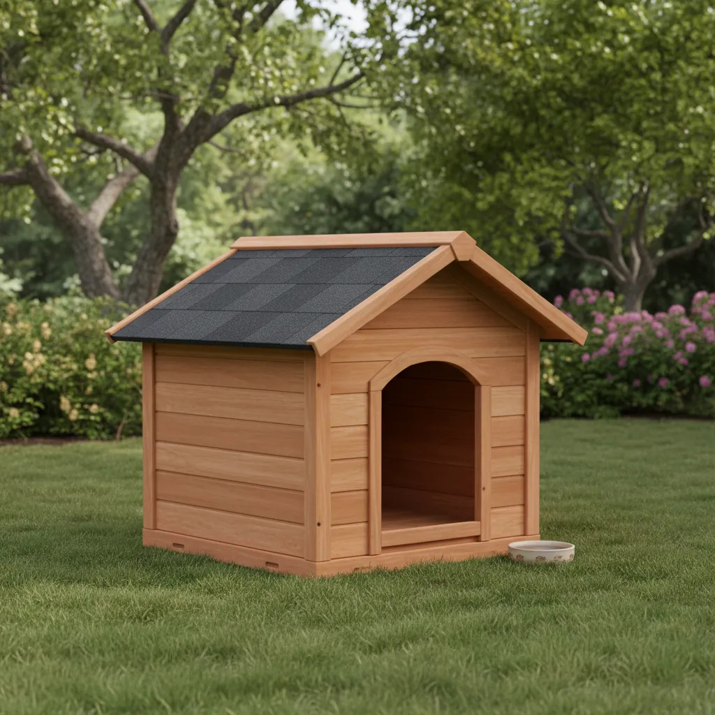 Casa de perro de madera con techo inclinado