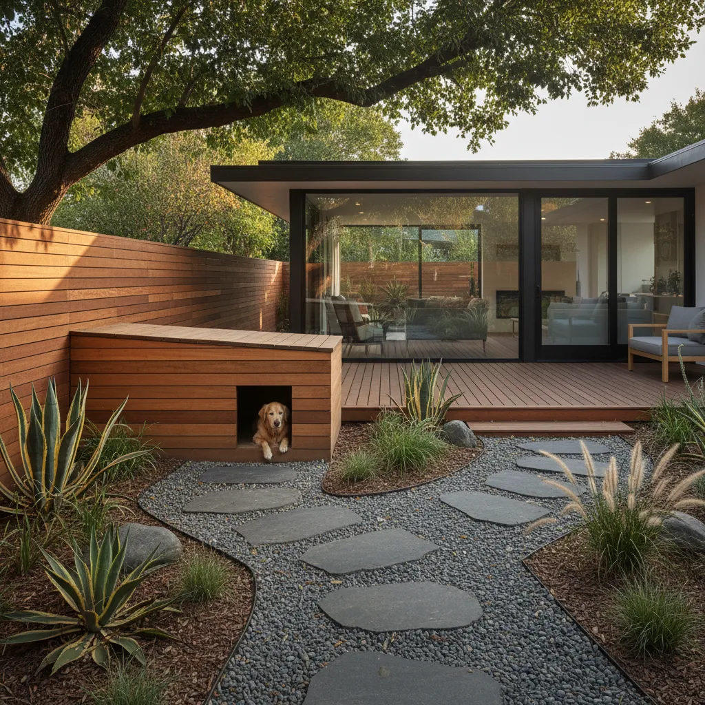 Dog sitting in wooden shelter next to modern glass house with stone path and plants