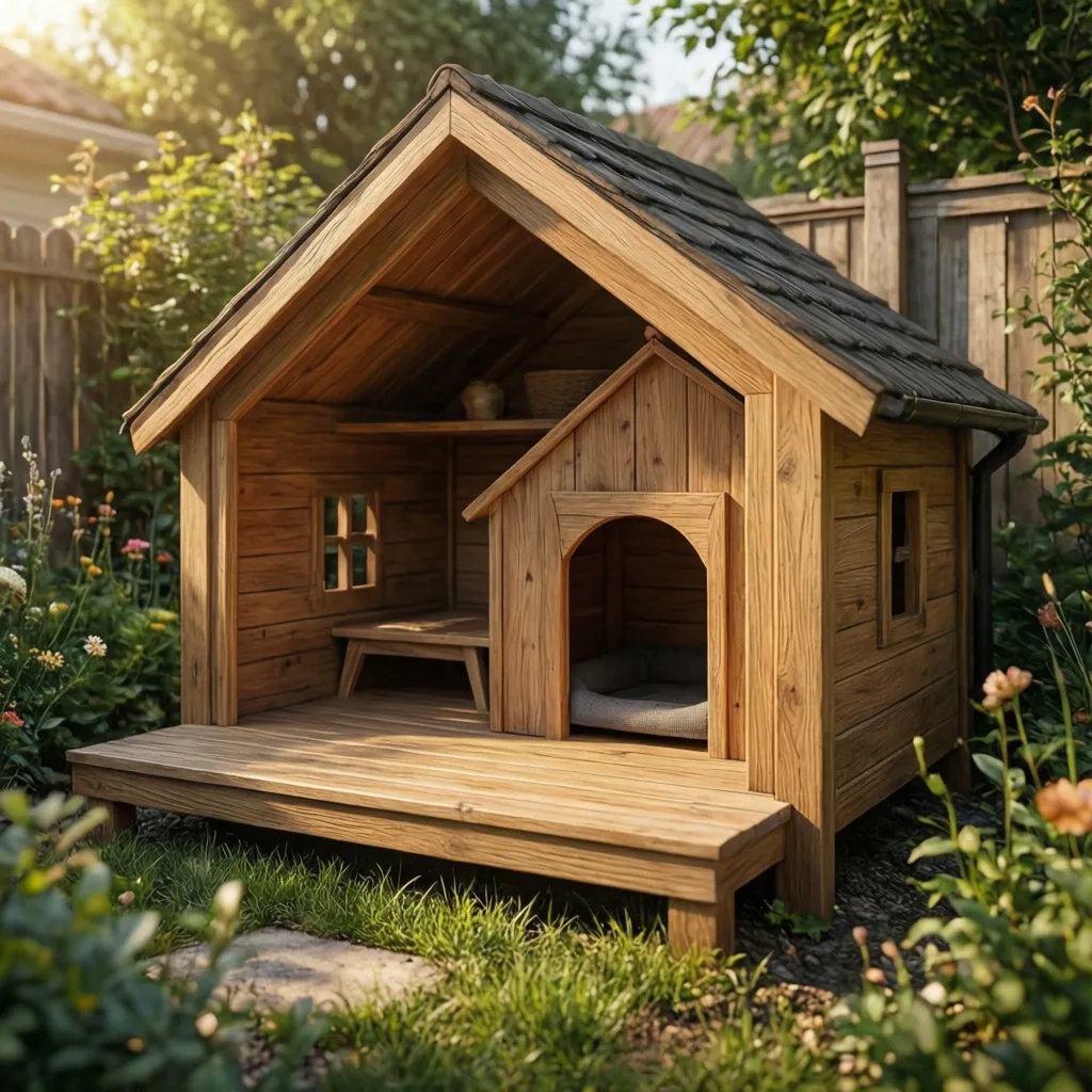 Casa de perro con pequeño porche exterior