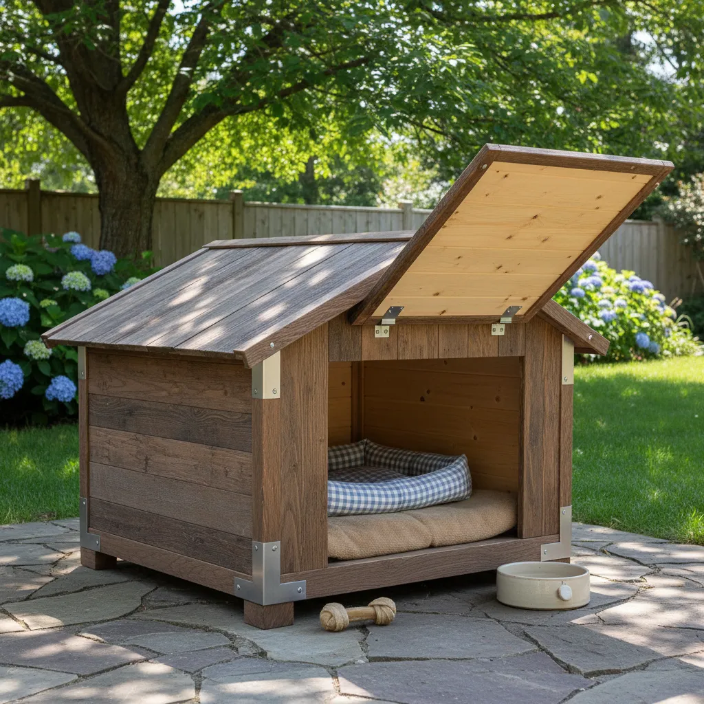 Casa de perro con techo desmontable abierto para limpieza