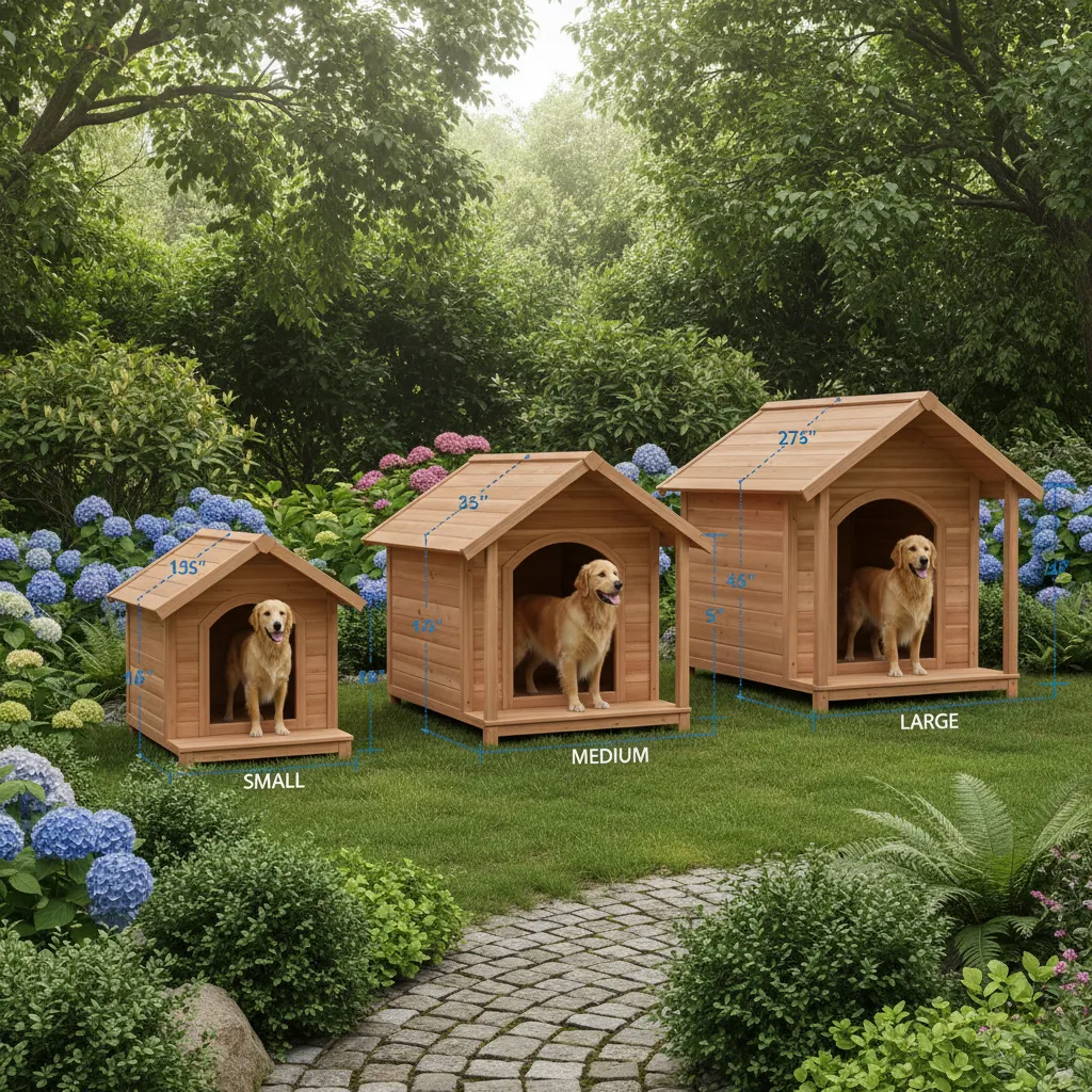 Wooden dog house size comparison for small medium and large models featuring golden retriever dogs