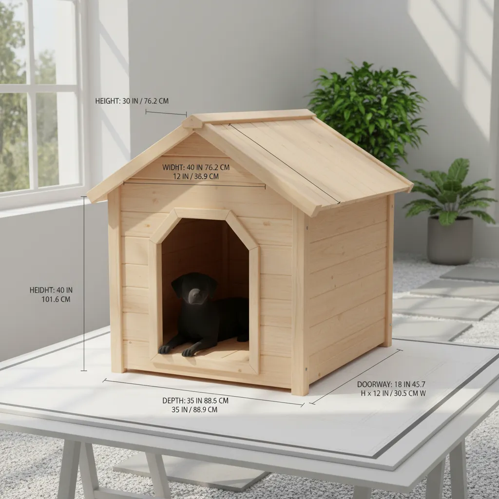 Interior design drawing showing wood dog house size with black dog sitting on white table