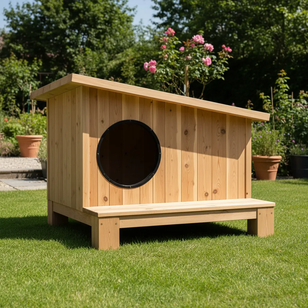 Casa para perro con techo inclinado en jardín