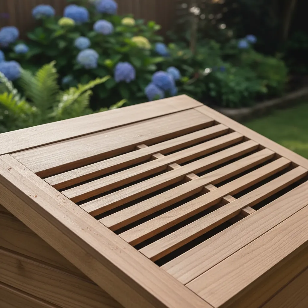 Close up of a wooden dog house roof with ventilation slats showing garden background view