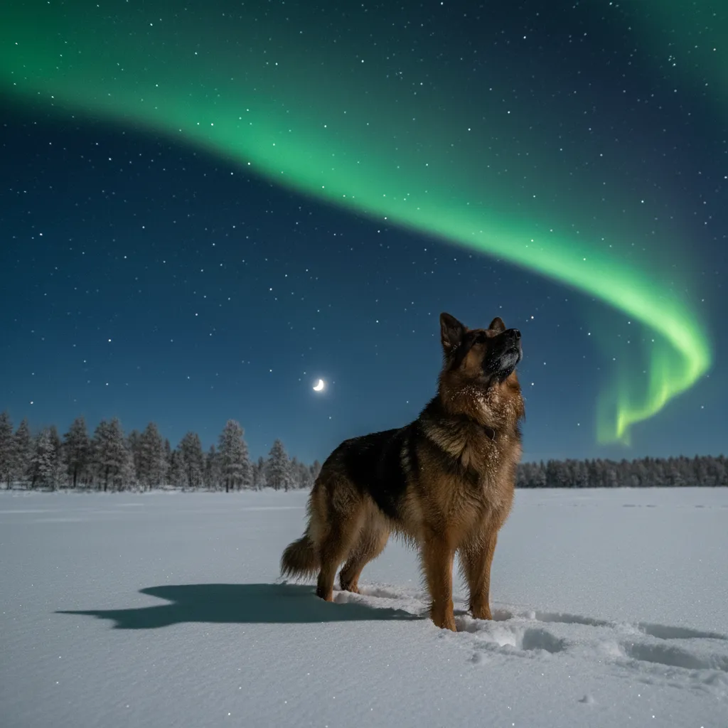 Dog standing in snowy field under glowing Northern Lights night sky
