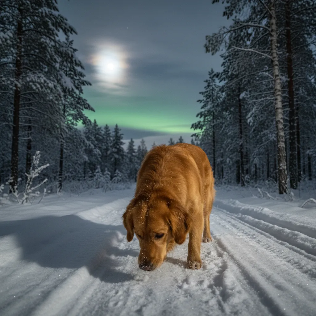Dog sniffing ground at night while aurora faintly glows above