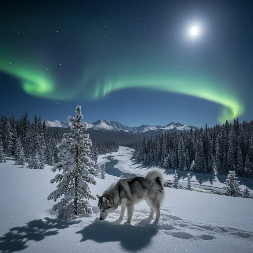 Dog standing in snowy landscape while northern lights glow faintly above