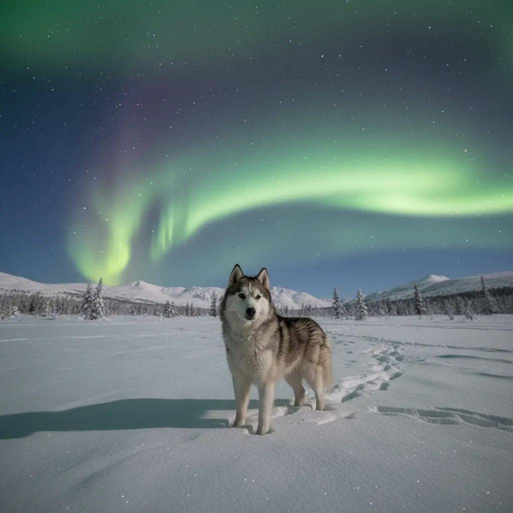 Dog standing in snowy field under northern lights at night