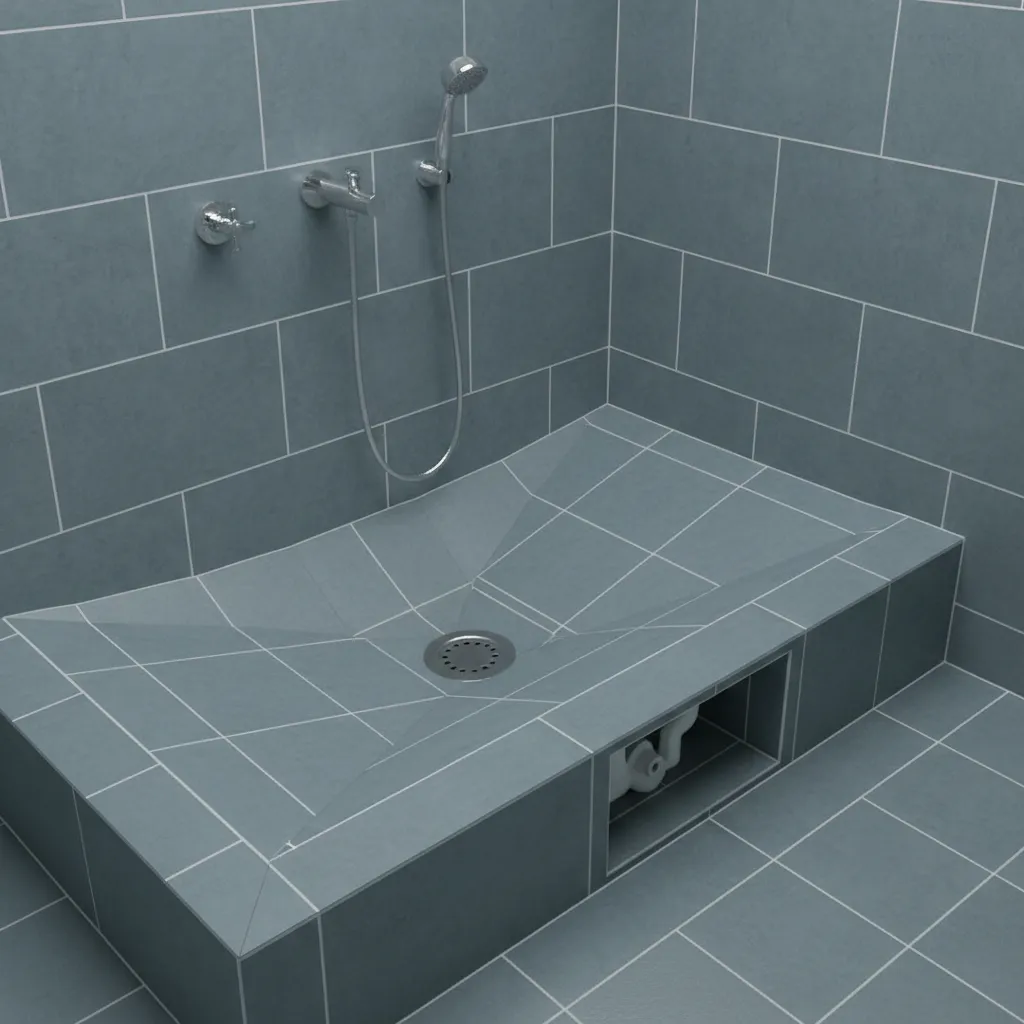 Blue tiled dog wash area with a center drain and a wall mounted handheld shower head