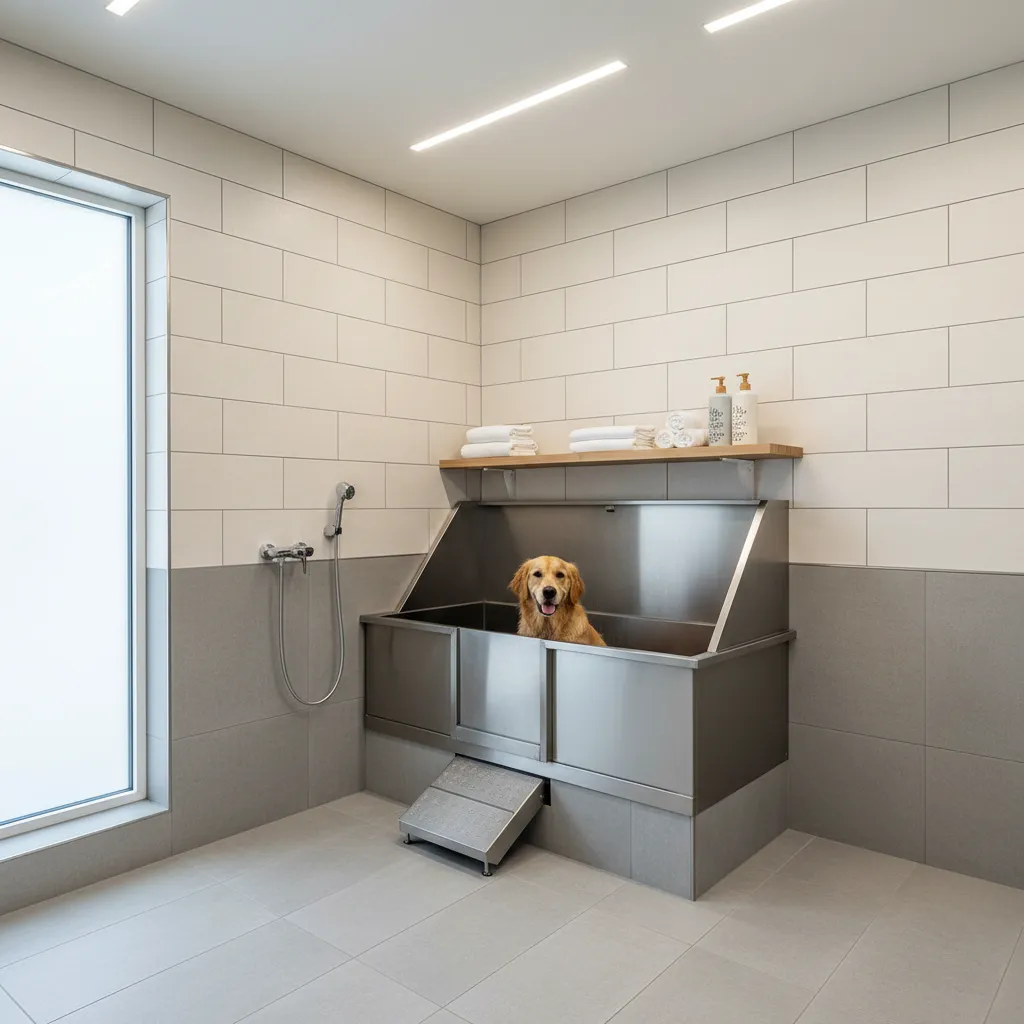 A golden retriever sitting inside a stainless steel tub in a room with tiled walls