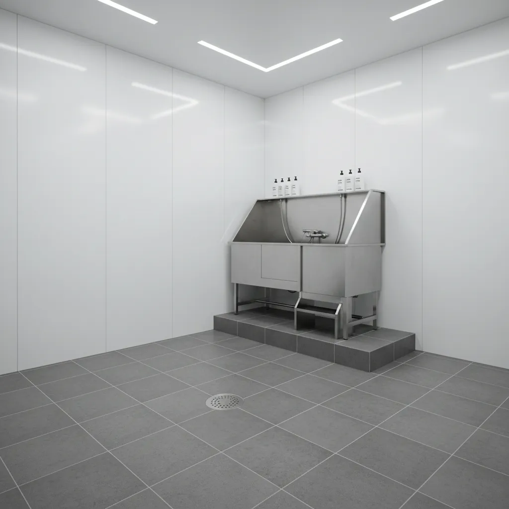 Dog wash station floor with central drain and waterproof surfaces