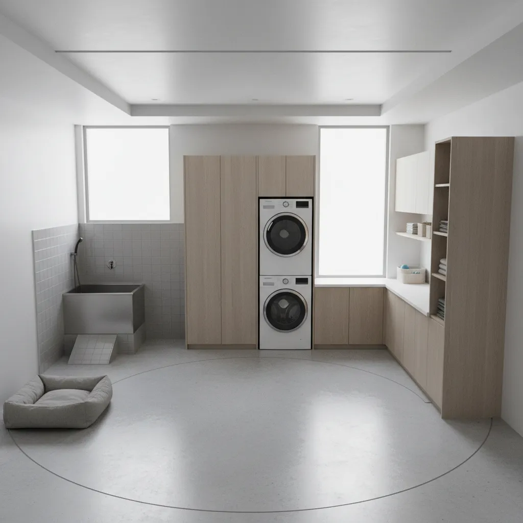 Modern laundry room featuring stacked washer dryer light wood cabinets and metal pet wash station