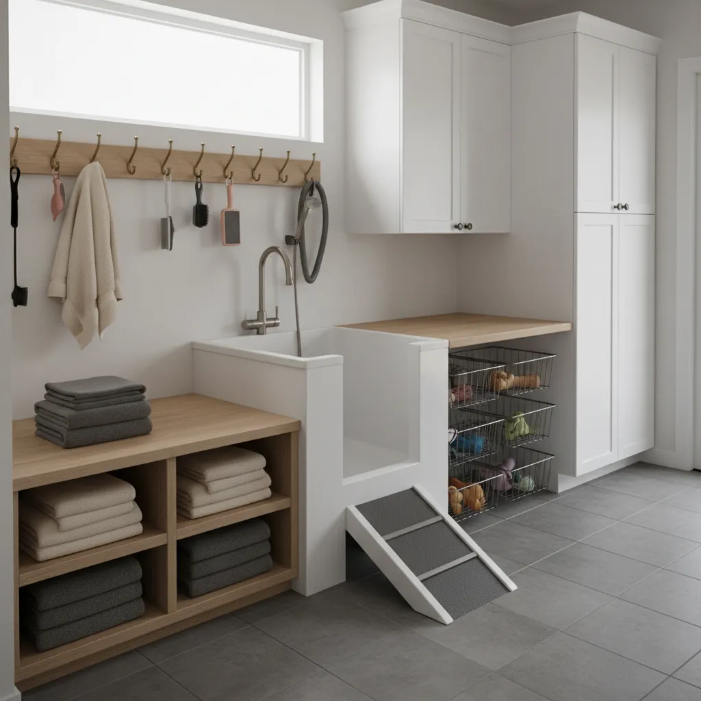 laundry room dog wash station with towel shelves and grooming storage