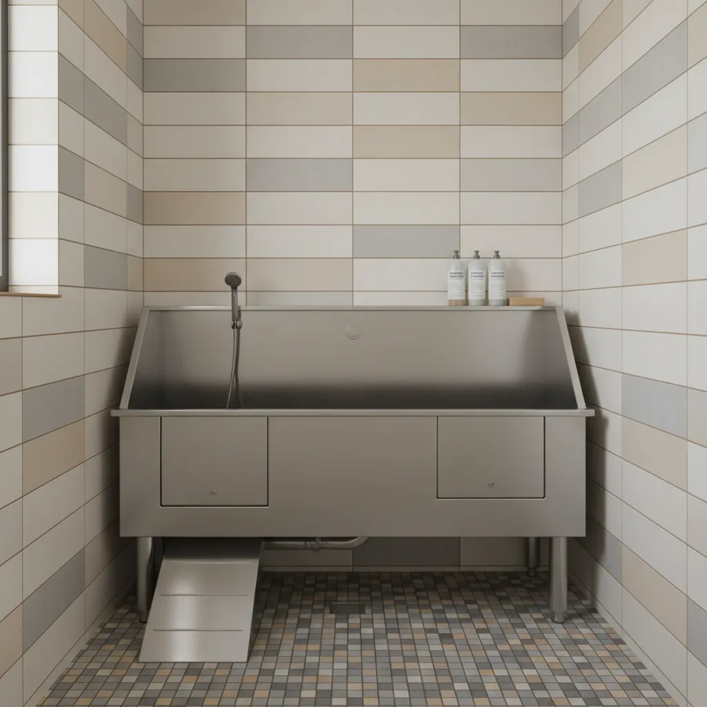 close view of porcelain tile walls and textured mosaic floor in dog wash station