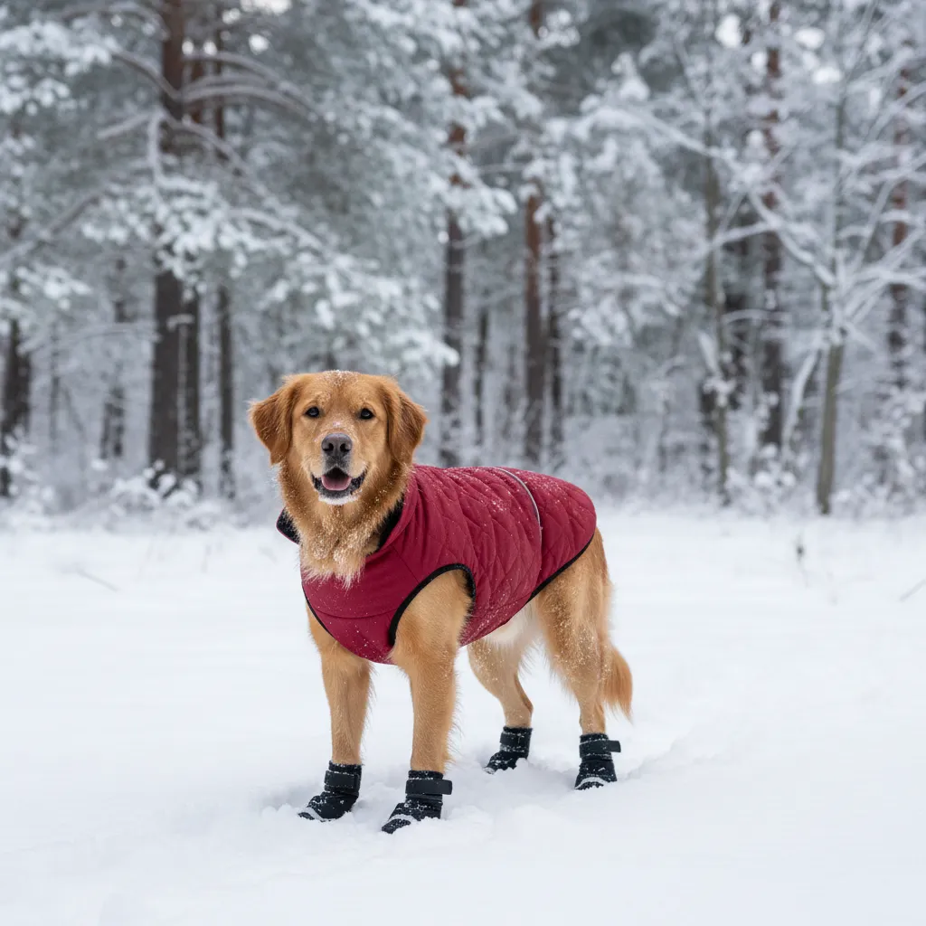 Dog wearing insulated winter jacket and protective boots in snow