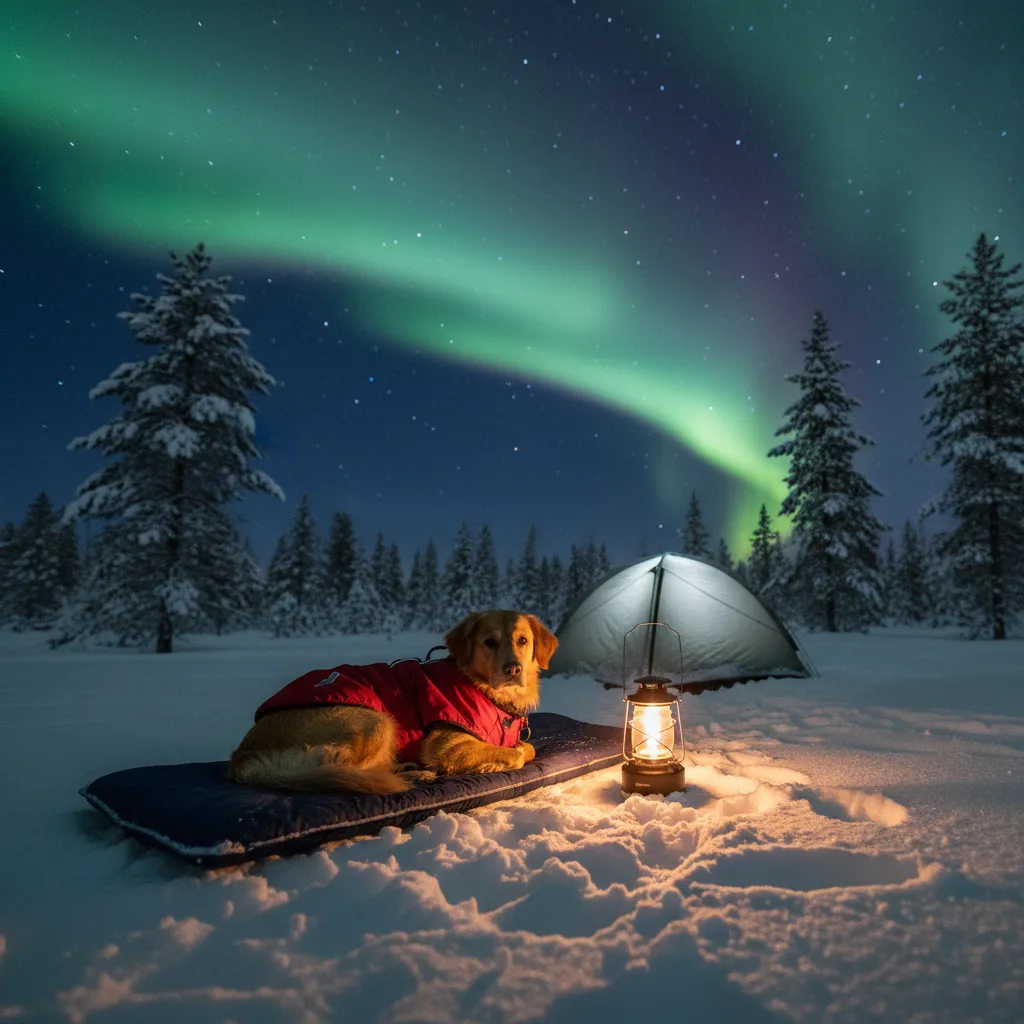 Dog wearing winter jacket resting on insulated mat during aurora viewing