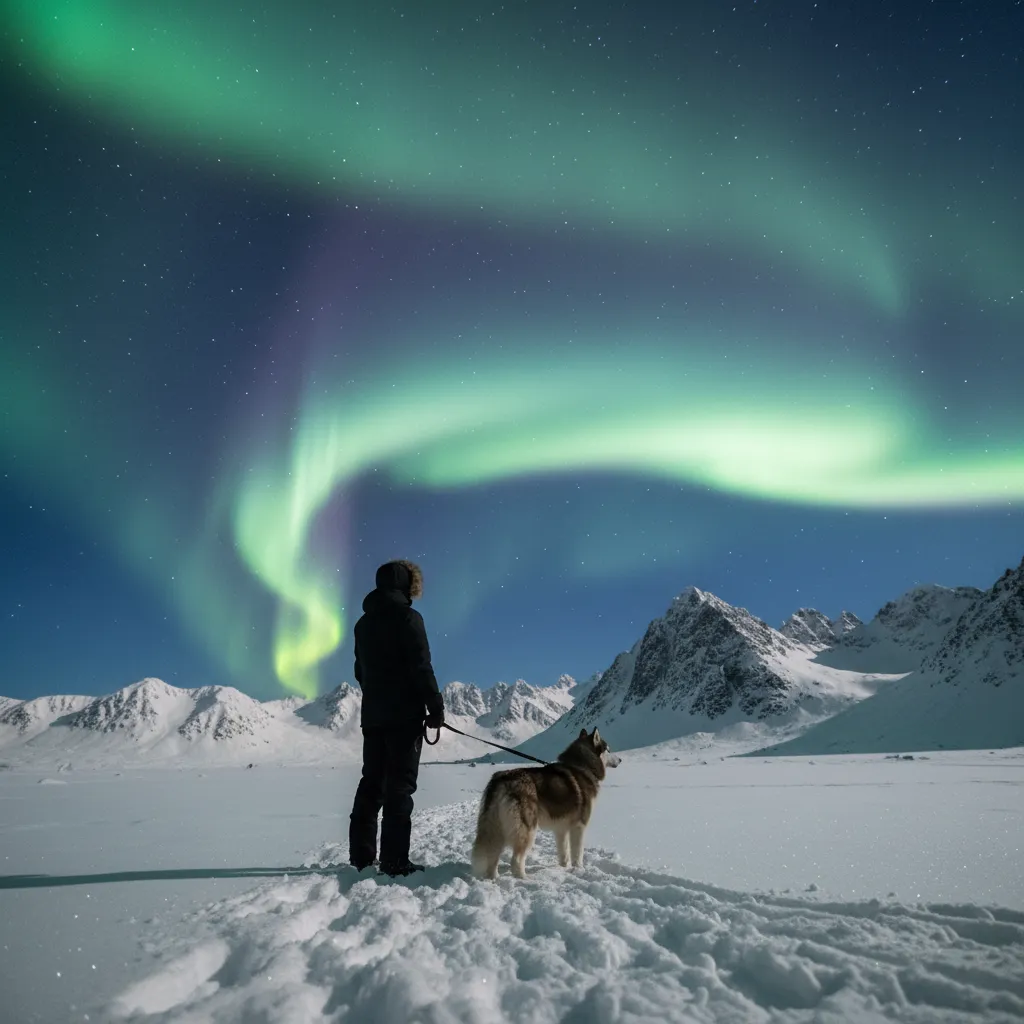 Owner and dog watching northern lights together in snowy wilderness
