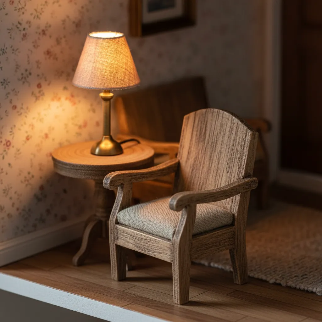 Detalle de mobiliario artesanal en una casa de muñecas moderna