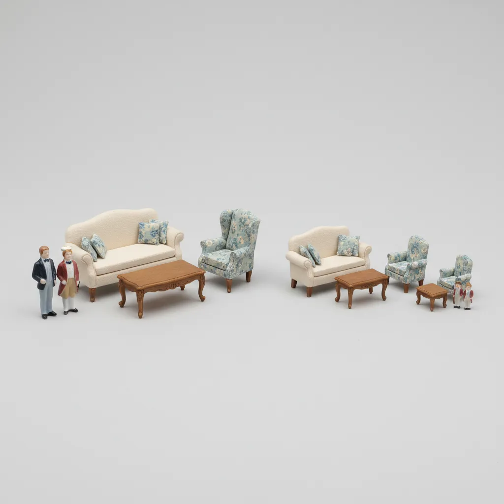 Comparación de diferentes escalas de casas de muñecas y muebles en miniatura