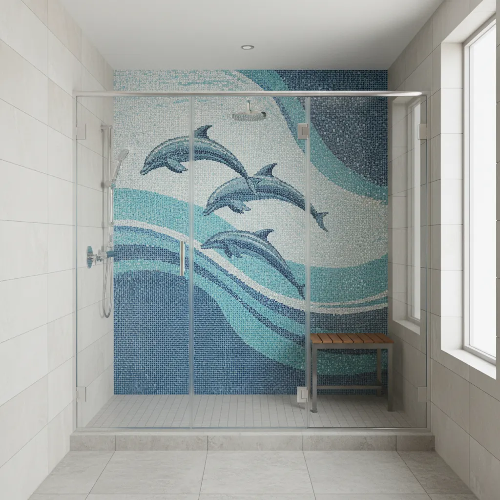 Bathroom shower with dolphin mosaic accent wall and neutral tiles