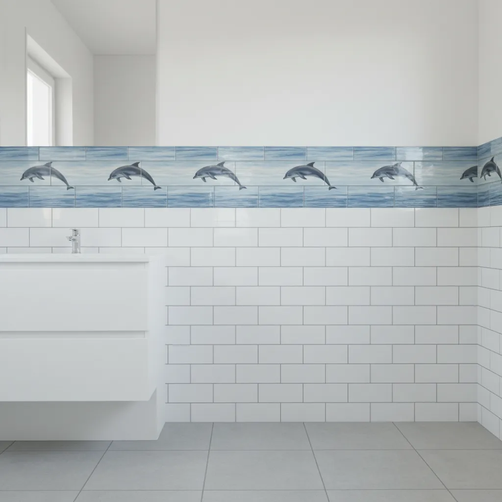Bathroom wall with dolphin tile border combined with white subway tiles