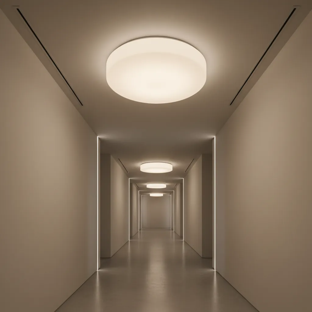 Ceiling dome light fixture installed in a modern hallway interior