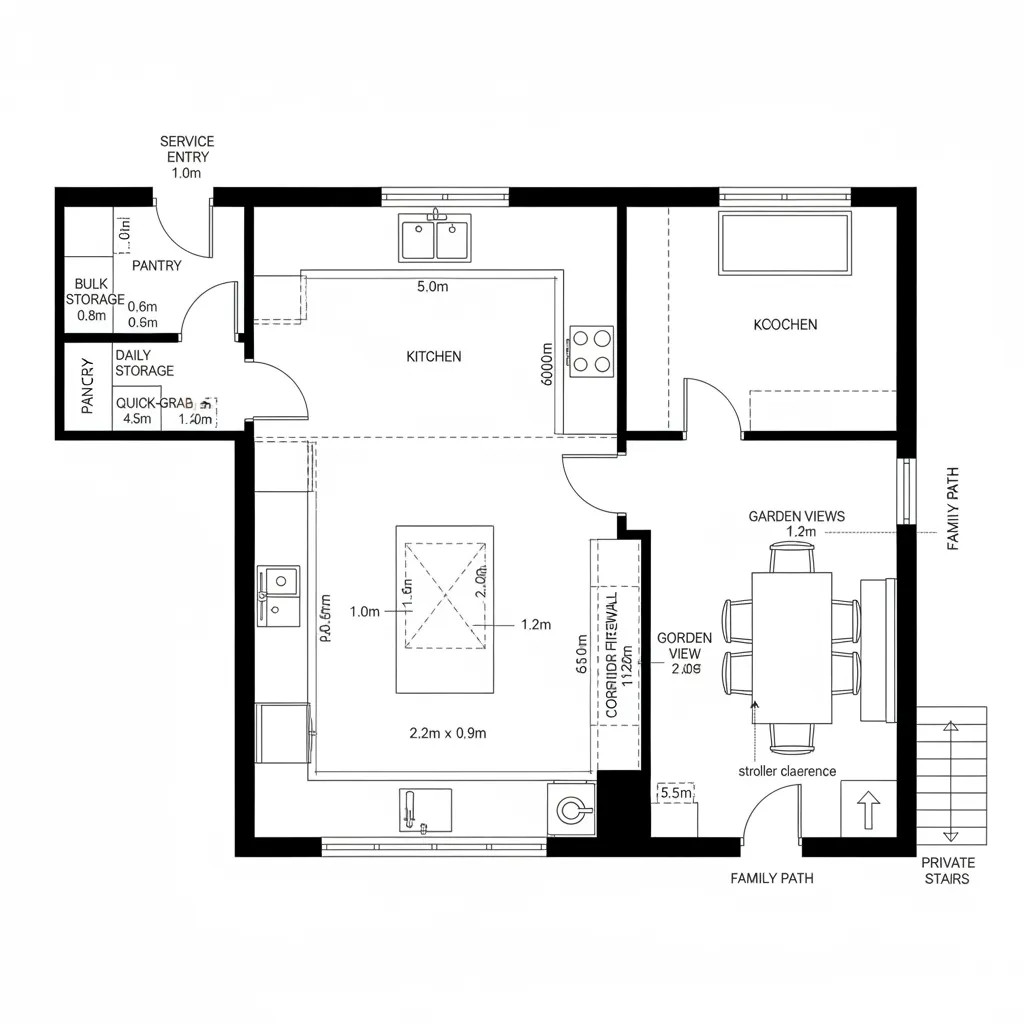Simple room layout drawing of a kitchen and dining area with pantry storage and garden view