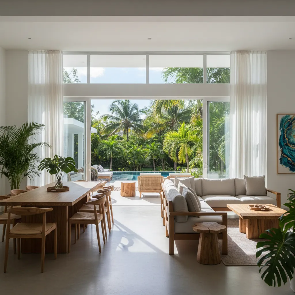 Modern open plan room with wooden dining table, sofa, and large windows facing garden pool