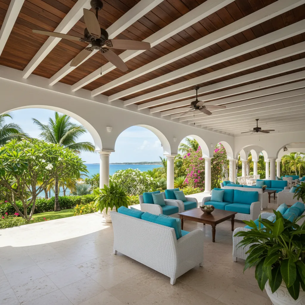 Large white outdoor terrace with arches blue sofas wooden tables ceiling fans and ocean view