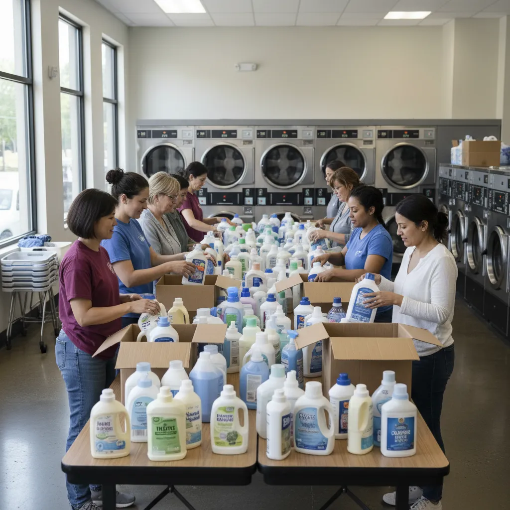 Laundry detergent donations and volunteers preparing supplies for community laundry programs