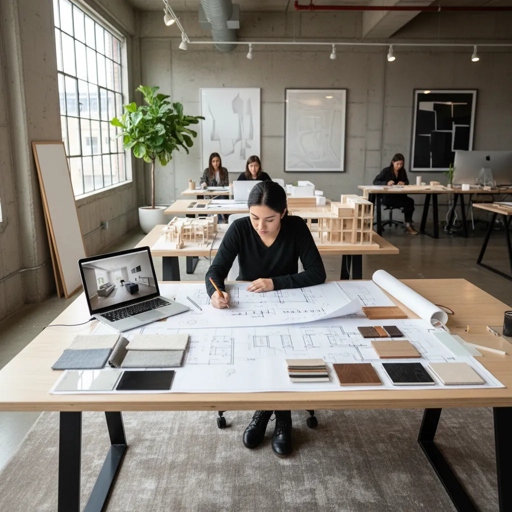 Woman sketching interior design drawing at large desk with floor plans material samples and laptop