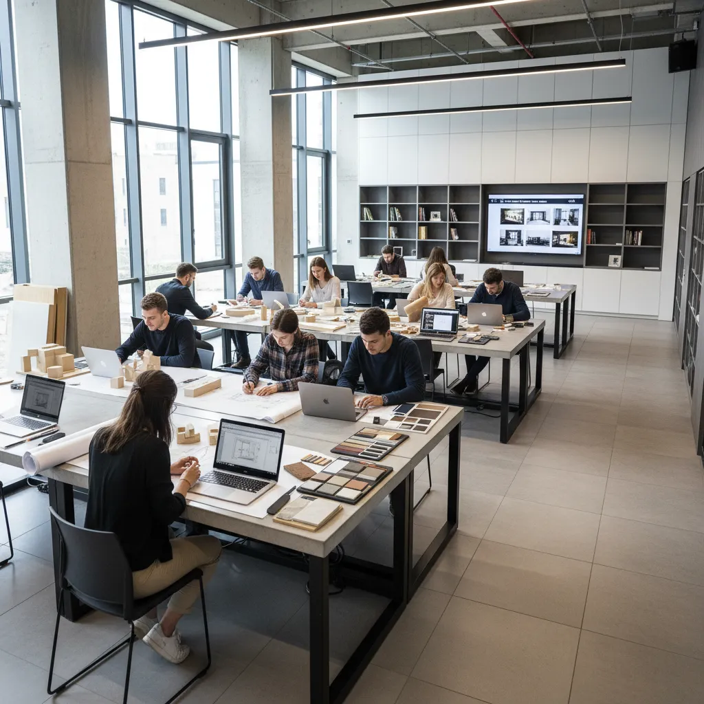 Interior design studio with people working on laptops and room layouts at large grey tables