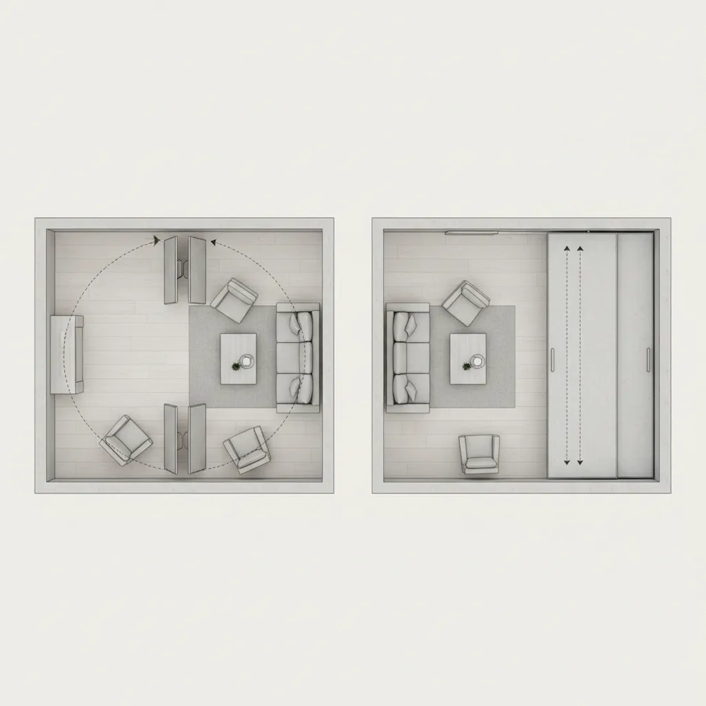 Floor plan comparison of sliding door and double door clearance