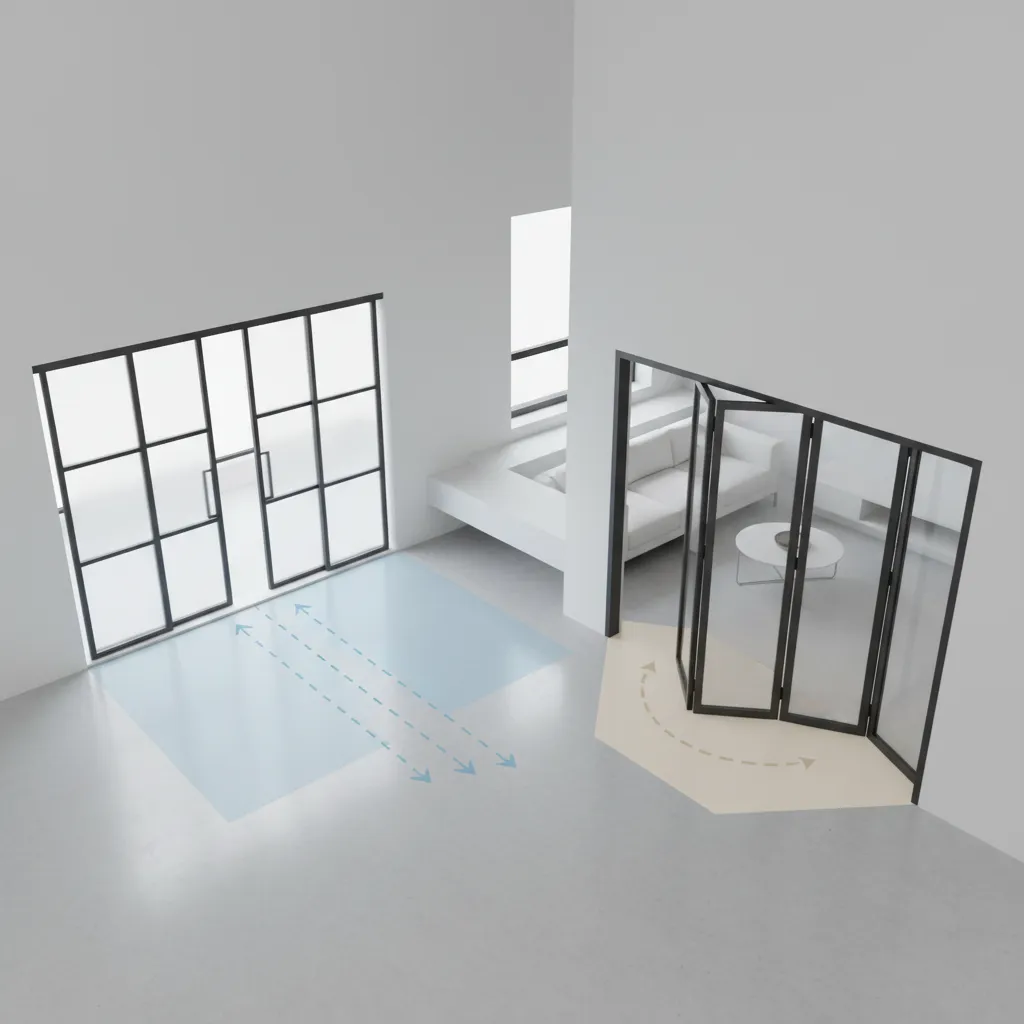 visual comparison of sliding door clearance vs folding door stacking space