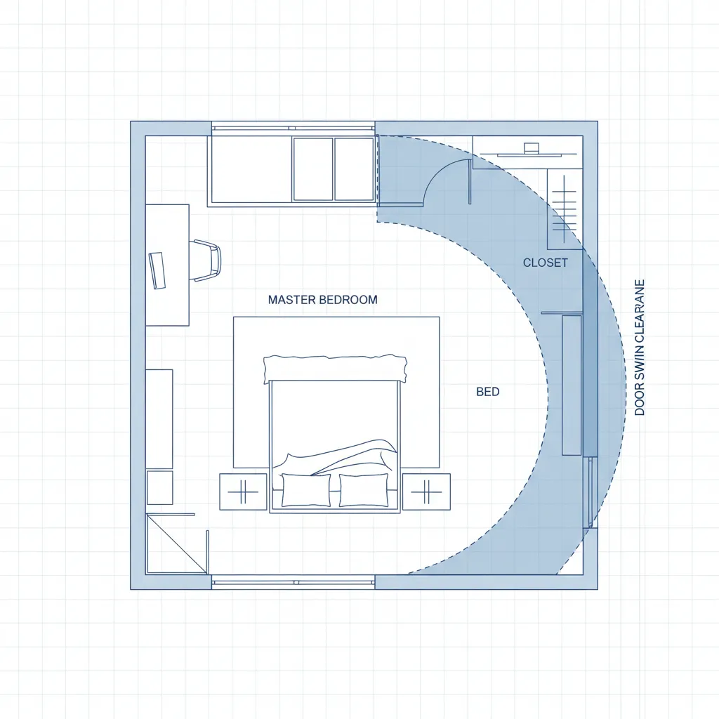floor plan diagram showing door swing clearance space in a room layout