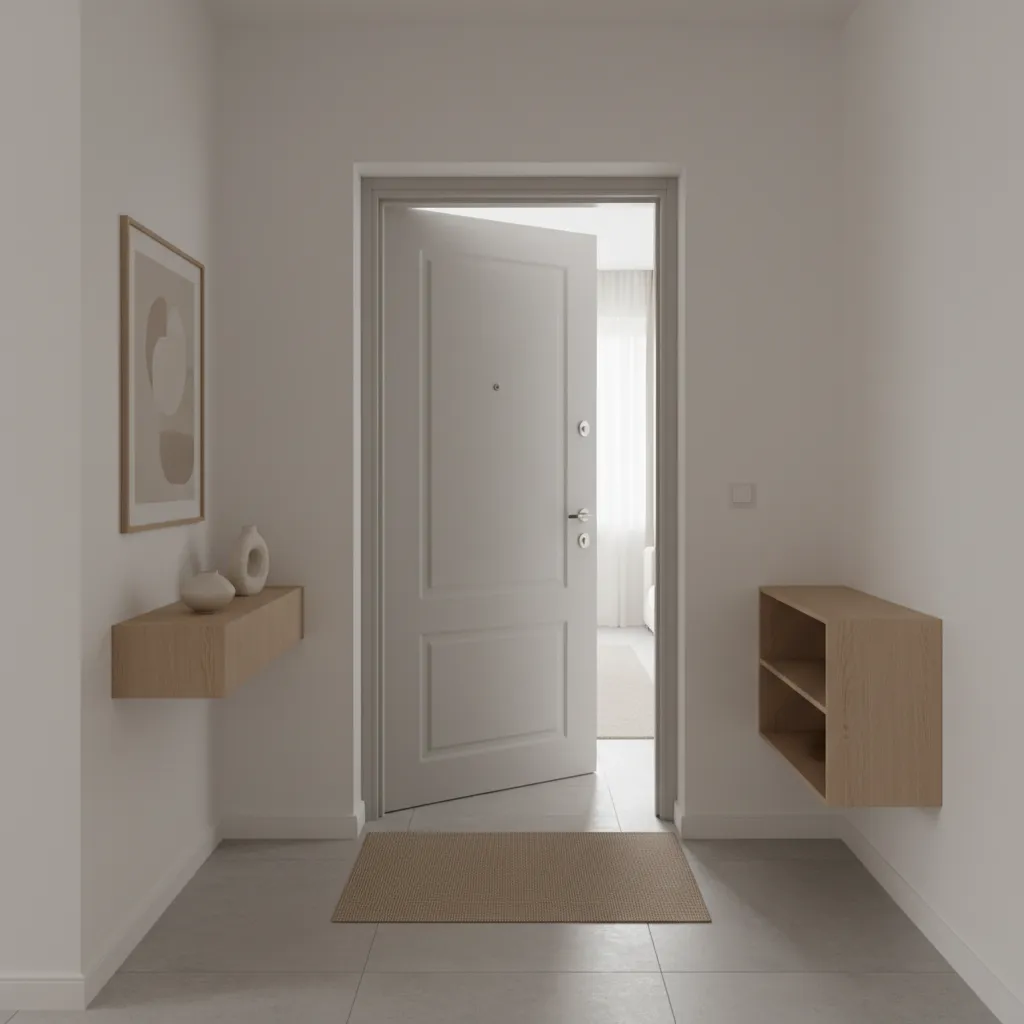 diagram style view of door swing clearance in small apartment entryway