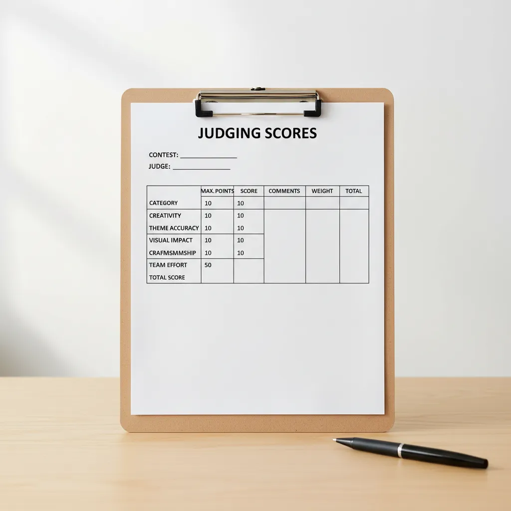 Door decorating contest judging score sheet with rubric categories
