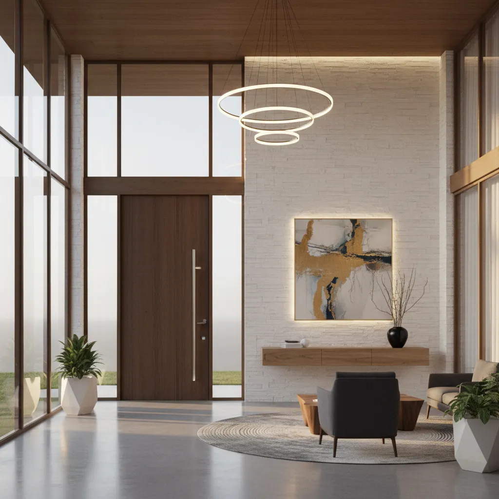 Modern living room interior design drawing with wood door white brick wall and circular ceiling light