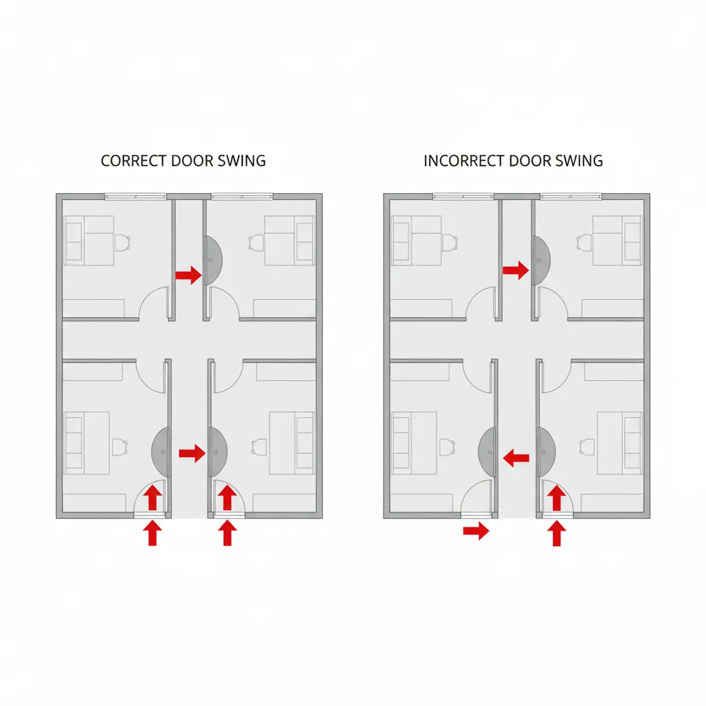 Floor plan diagram highlighting correct and incorrect door exit placement